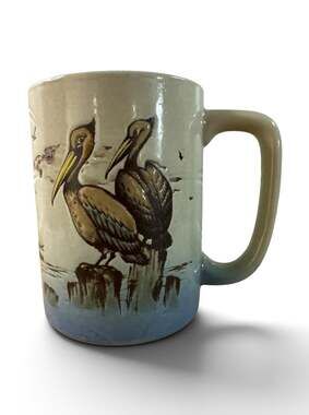 Vintage Otagiri Japan Stoneware Hand Painted Pelican Birds Nautical Coffee Mug